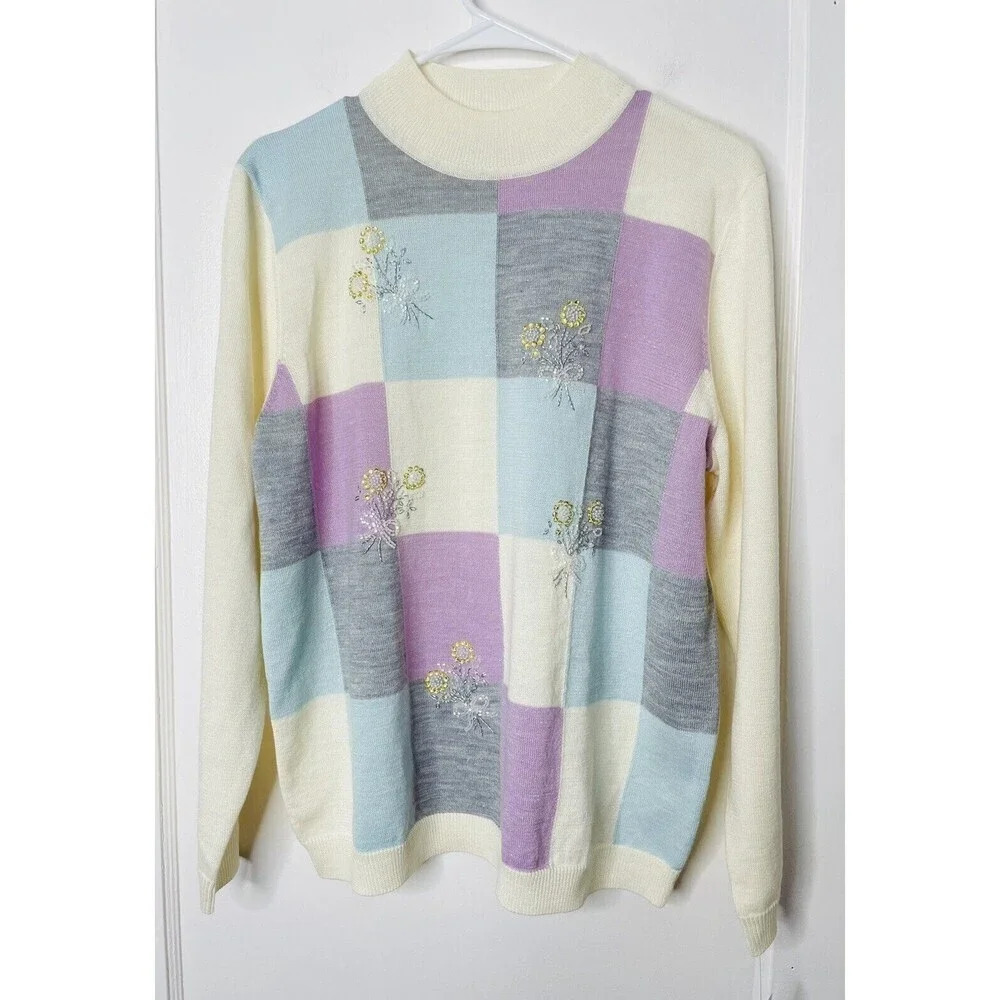 Alfred Dunner Sweater Large Beaded Embroidered Floral Knit Metallic Wool Blend